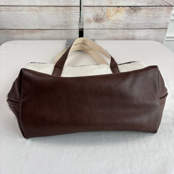 Lands End Sherpa Tote Bag Faux Leather Accents Cream Brown - Picture 5 of 15